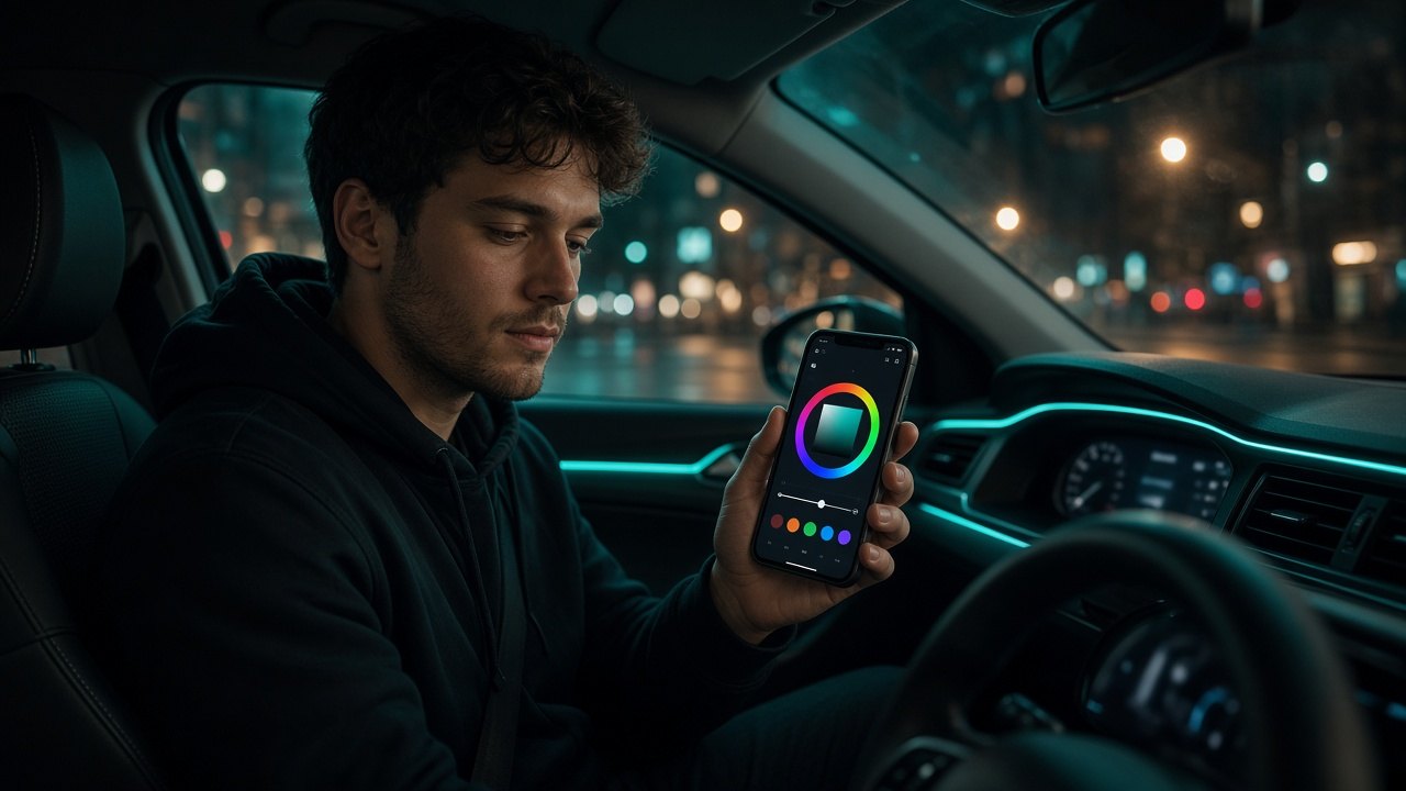 Person im parkenden Auto bei Nacht steuert die Ambientebeleuchtung über ein Smartphone mit Farbwähler, Innenraum in Petrolgrün