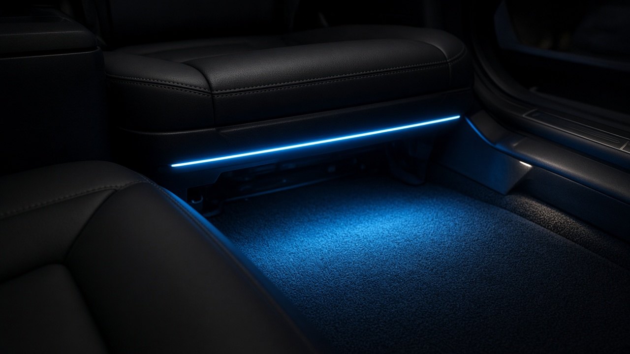 Fondfußraum einer Limousine bei Nacht mit eisblauer LED-Linie unter der Unterseite des Vordersitzes