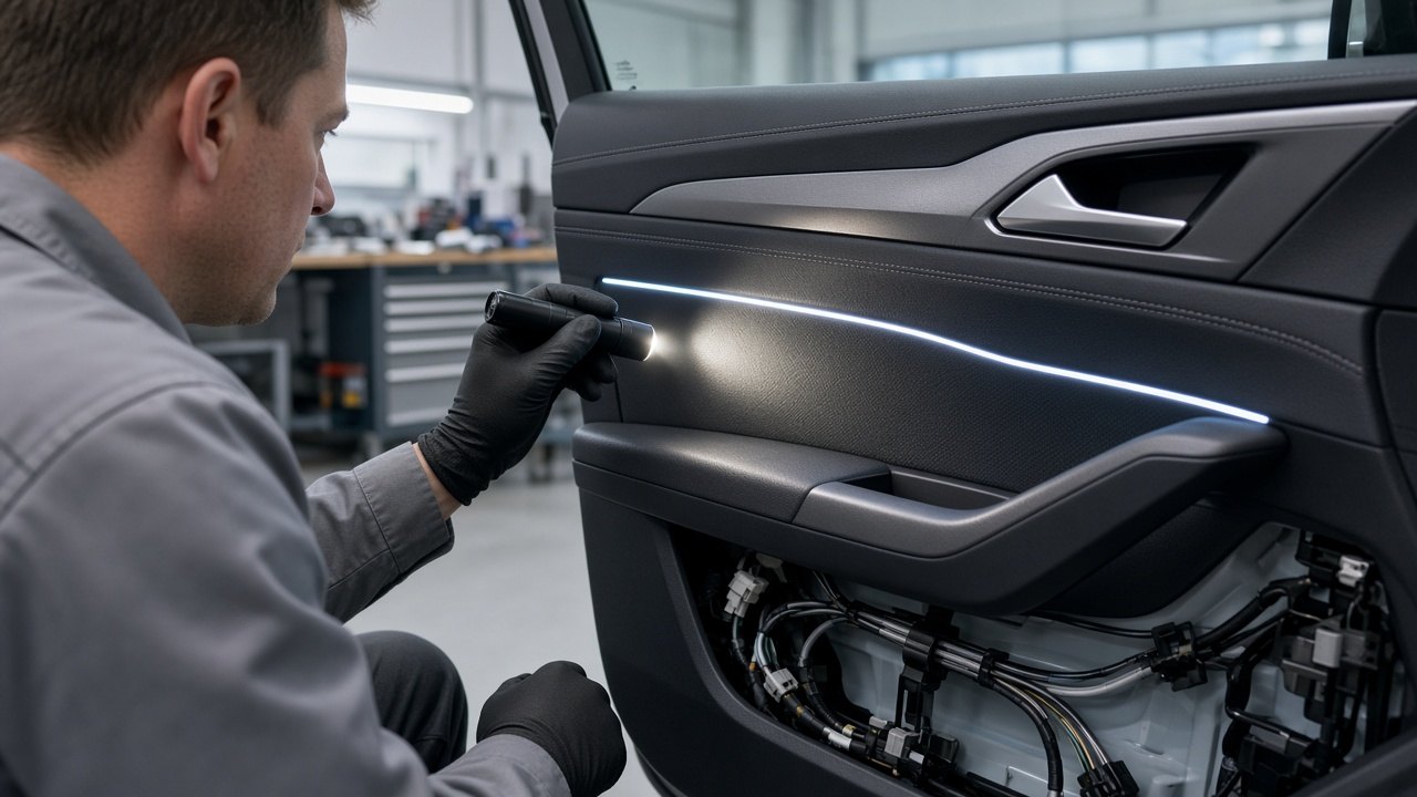 Techniker in einer Werkstatt prüft mit einer Taschenlampe die Gleichmäßigkeit einer LED-Linie in einer geöffneten Autotür