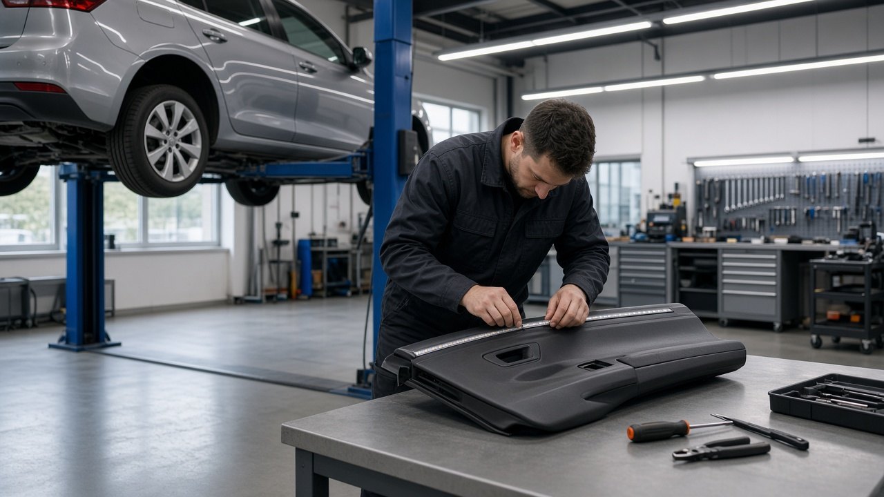 Aufgeräumte unabhängige Kfz-Werkstatt in Deutschland, Kompaktwagen auf der Bühne, Techniker montiert eine LED-Leiste an einer Türverkleidung
